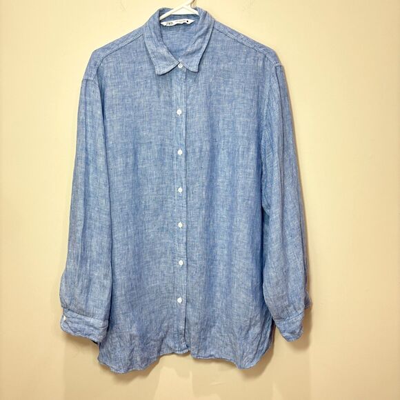Zara 100% Linen Shirt Men M Casual Button Up Striped Blue Beachy Preppy Coastal - Picture 1 of 8